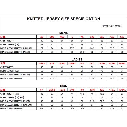 Rugby Jumper (Only) - Size Chart